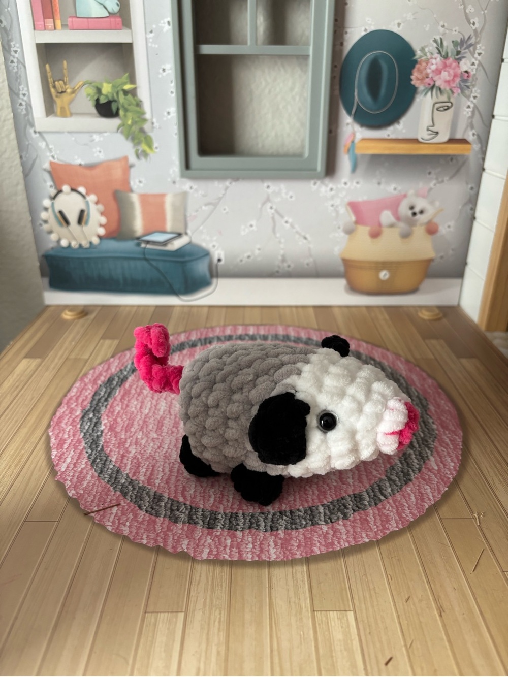 Handmade Oppossum - Gray, White & Pink Crochet